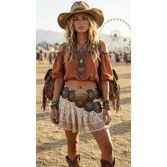 The Unbranded Brand Accessories - Women's Brown Concho Belt Brass Disc Buckle Coachella Festival Fit Western Boho